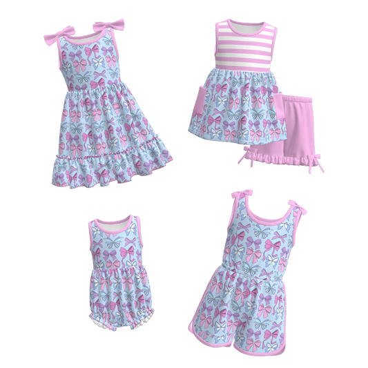 Siblings Girls Summer Pink Blue Bow Matching Clothes