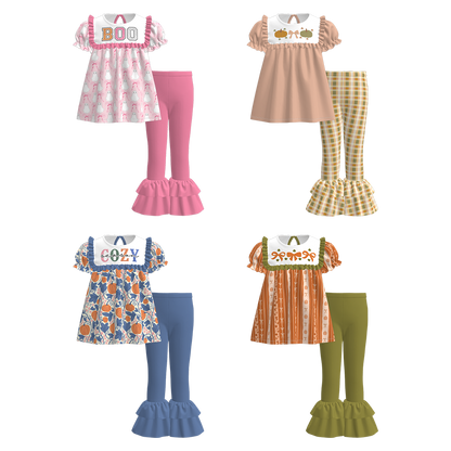 Girls Fall Halloween BOO PUMPKIN Embroidery Pant Set
