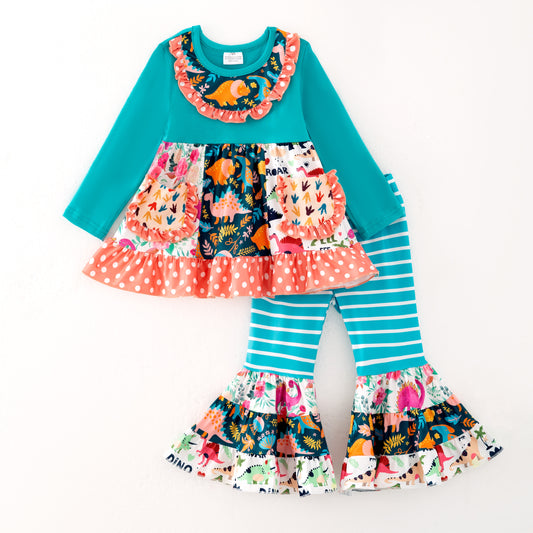 Girls Fall Winter Floral Blue Stripes Patchwork Pocket Pant Set