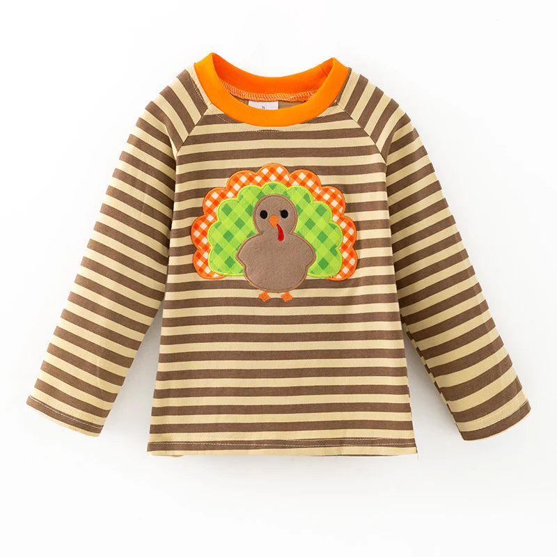 Boys Thanksgiving Day Turkey Embroidered Brown Stripes Top