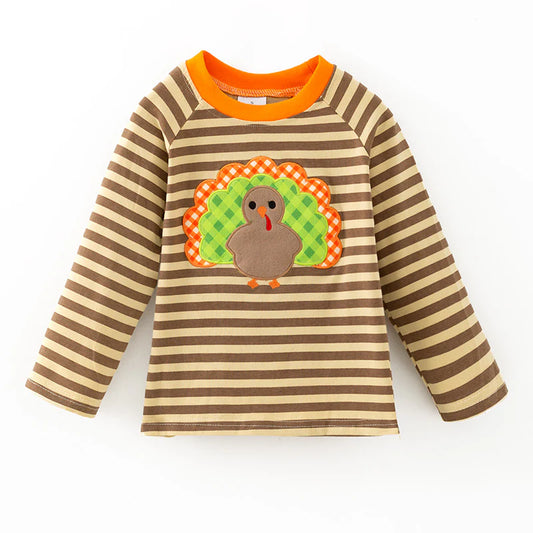 Boys Thanksgiving Day Turkey Embroidered Brown Stripes Top