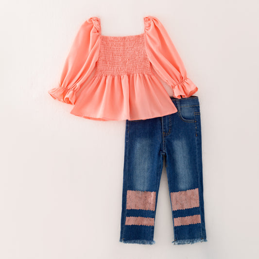 Girls Fall Coral Smocked Top + Sequin Jean Set