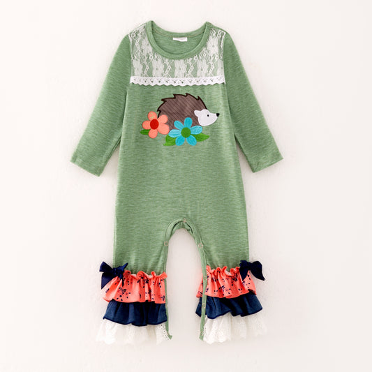 Baby Girl Ruffle Romper with Hedgehog Embroidery and Lace Detail
