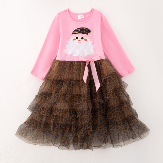 Girls Christmas Pink Santa Embroidery Leopard Tulle Dress