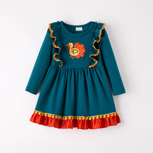 Girls Thanksgiving Turkey Embroidery Long Sleeves Dress
