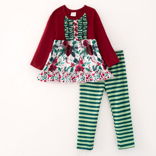 Girls Fall Winter Burgundy Floral Green Stripes Pant Set