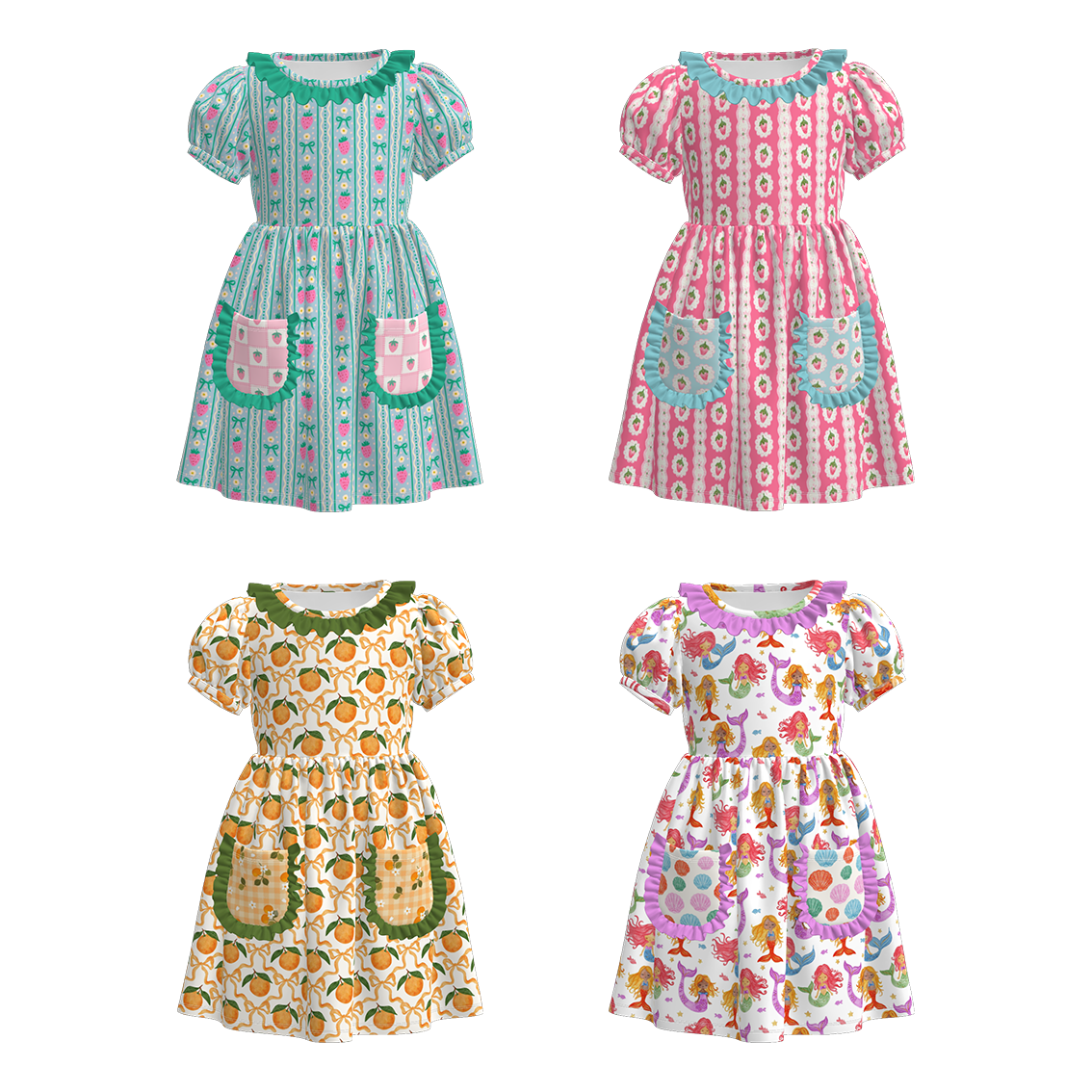 Girls Summer Bow Orange Mermaid Print  Pocket Soft Dress