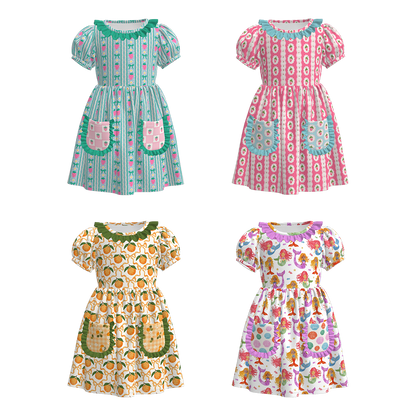Girls Summer Bow Orange Mermaid Print  Pocket Soft Dress