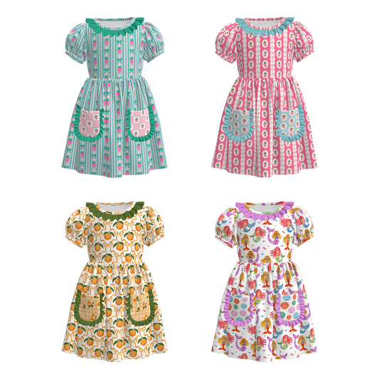 Girls Summer Bow Orange Mermaid Print  Pocket Soft Dress