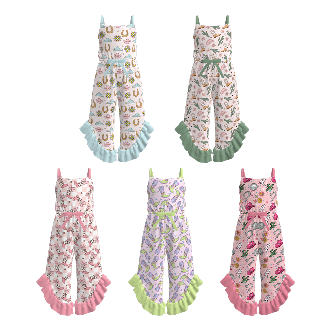 Girls Summer Wild Cactus Boots Print Slip Ruffled Jumpsuit