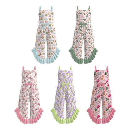 Girls Summer Wild Cactus Boots Print Slip Ruffled Jumpsuit