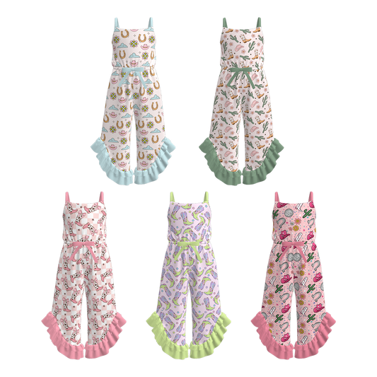 Girls Summer Wild Cactus Boots Print Slip Ruffled Jumpsuit