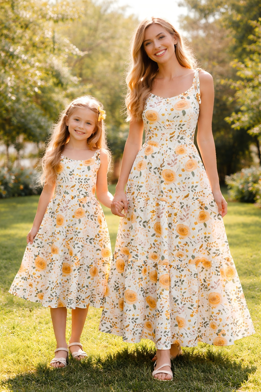 Mommy and Me Summer Yellow Floral Print Maxi Dresses