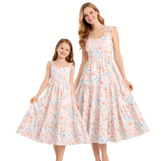 Mommy and Me Summer Floral Print Slip Maxi Ruffled Dress