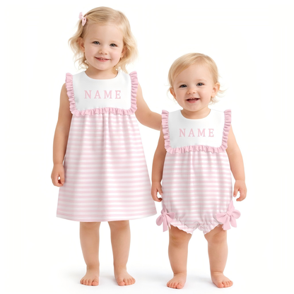 Personalized Sister Matching Outfits – Baby Girl Bubble Romper & Toddler Dress with Name, Pink Stripe Ruffle Outfit for Sisters