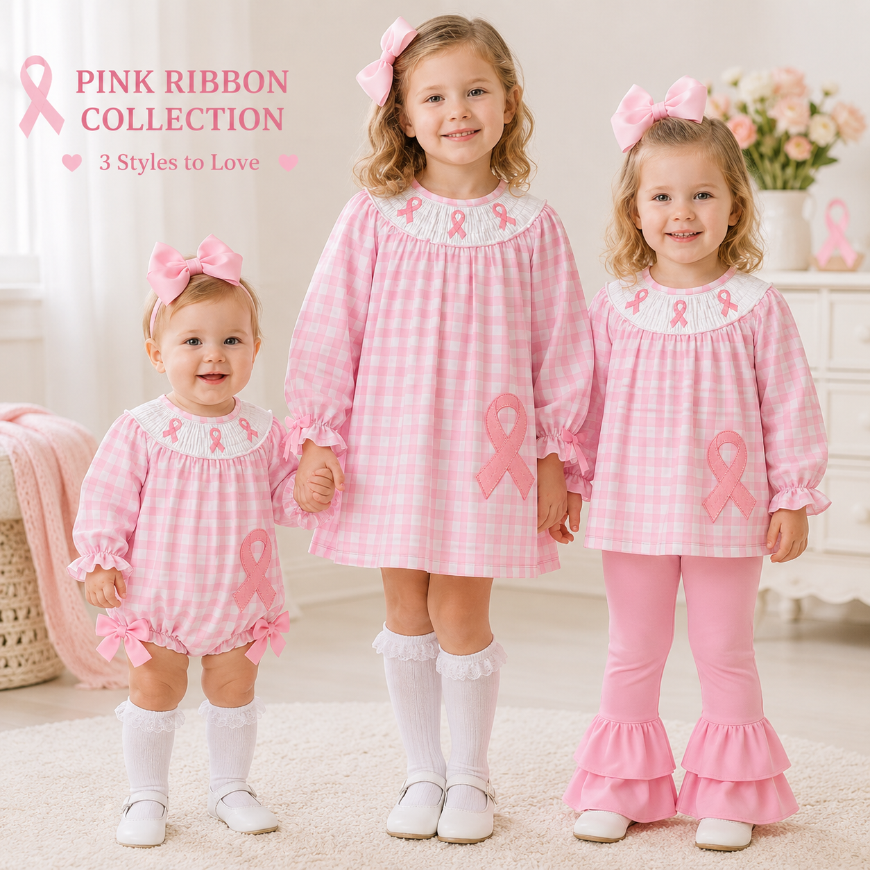 Girls Pink Smocked Embroidered Breast Cancer Awareness Collection | Long Sleeve Dress, Ruffle Pant Set & Bubble Romper