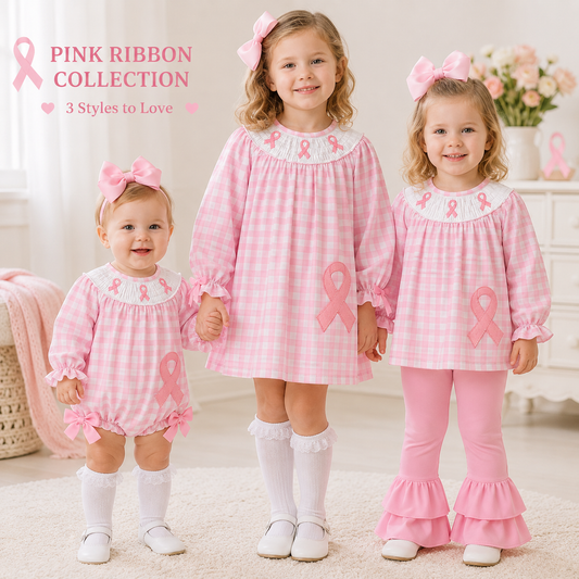 Girls Pink Smocked Embroidered Breast Cancer Awareness Collection | Long Sleeve Dress, Ruffle Pant Set & Bubble Romper