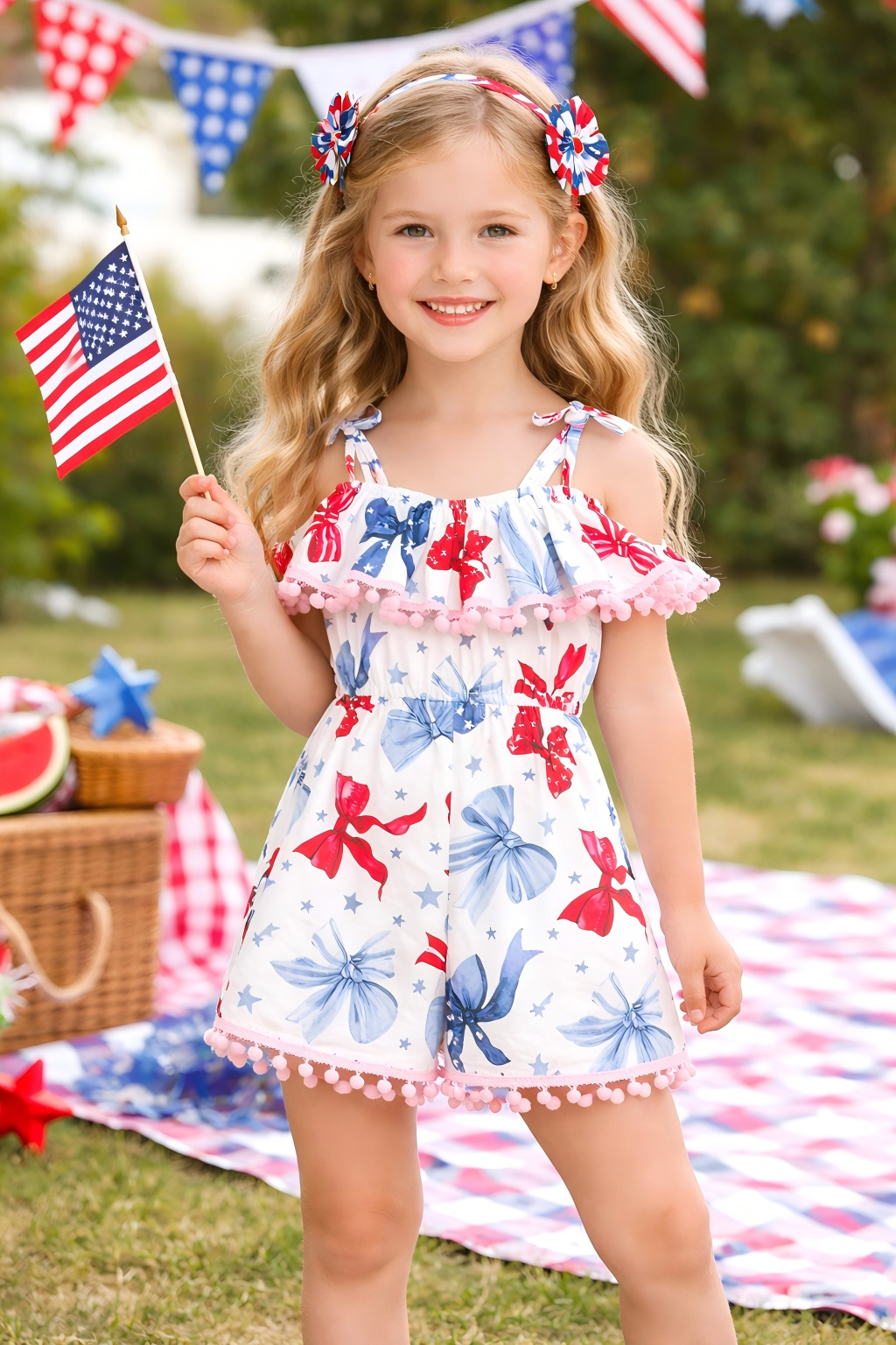 Girls Summer July 4th Red Blue Bow Jumpsuit