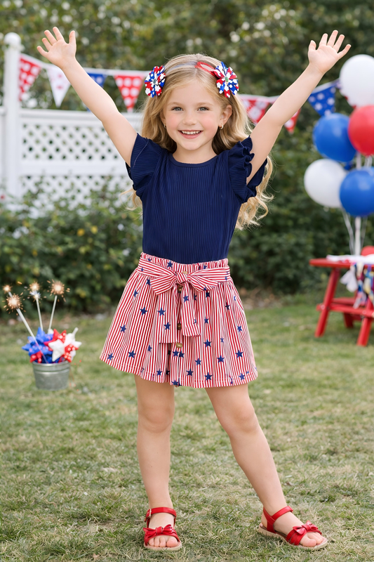 Girls July 4th Navy Ruffled Top Star Stripes Short Set