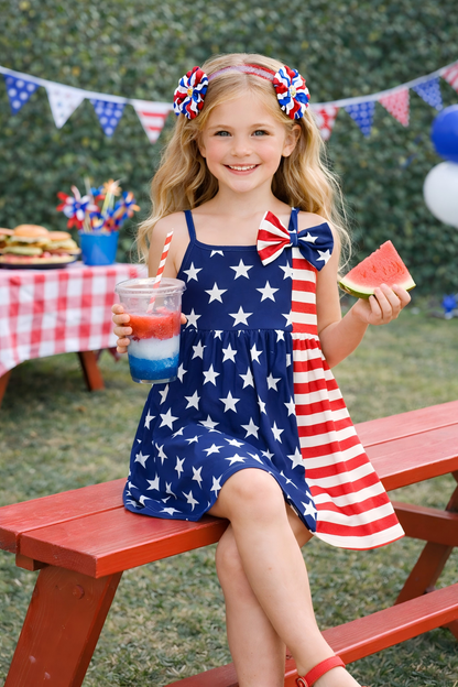 Girls July 4th Red Navy Star Bow Slip Dress