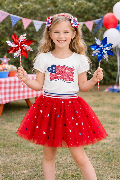 Girls July 4th Flag Embroidered Red Tulle Skirt Set