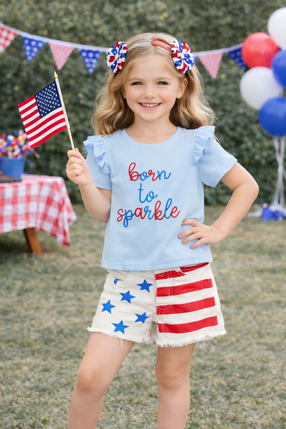Girls July 4th "BORN TO SPARKLE" Denim Short Set