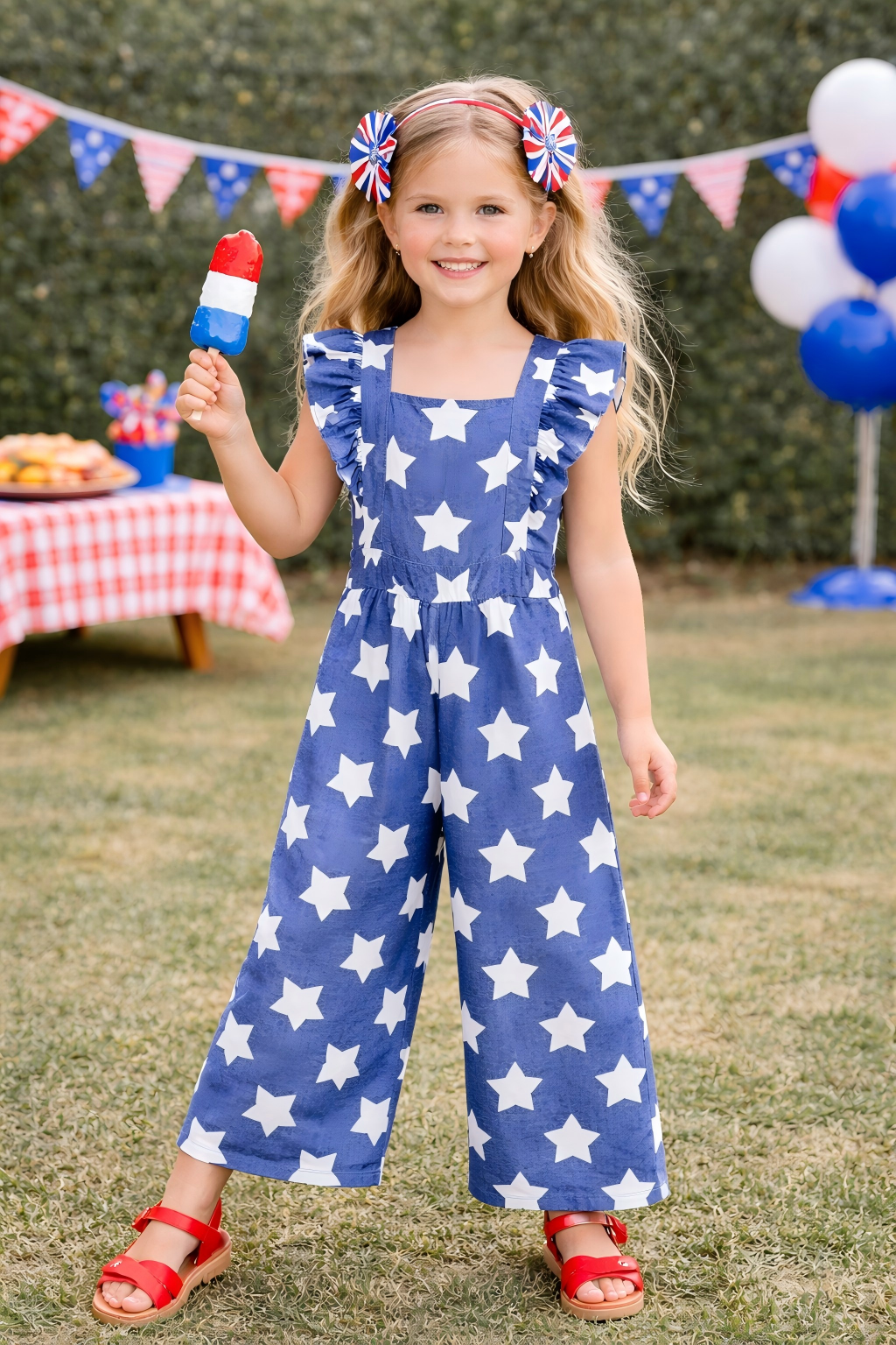 Girls Summer July 4th Star Blue Jumpsuit