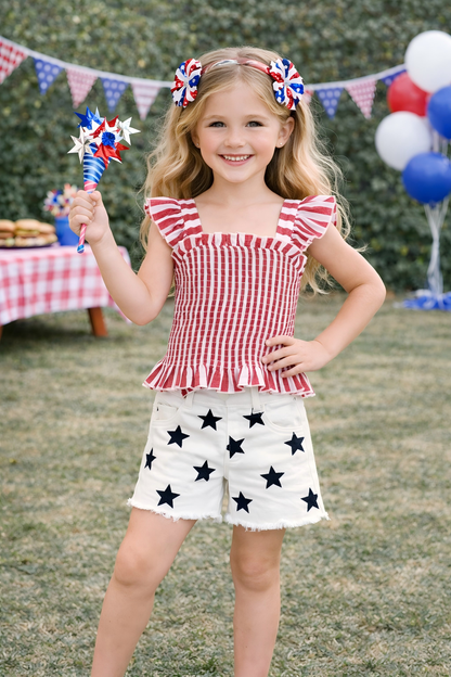 Girls July 4th Red Smocked Top Star Denim Short Set
