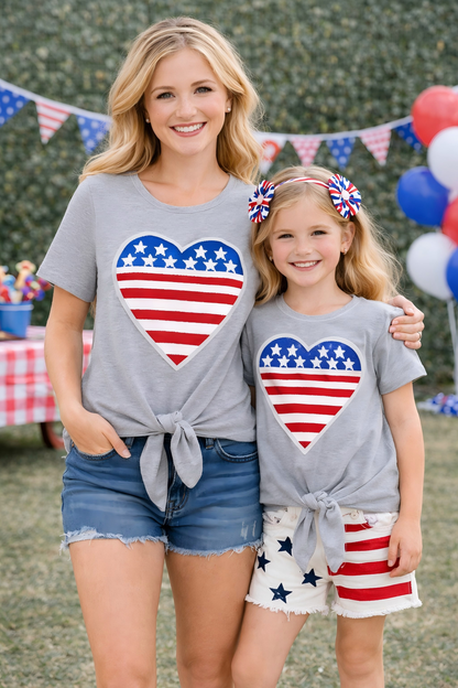 Mommy and Me July 4th Sequins Flag Heart Grey Cotton Shirt