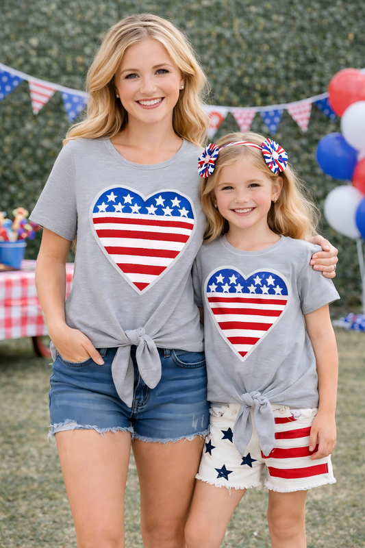 Mommy and Me July 4th Sequins Flag Heart Grey Cotton Shirt
