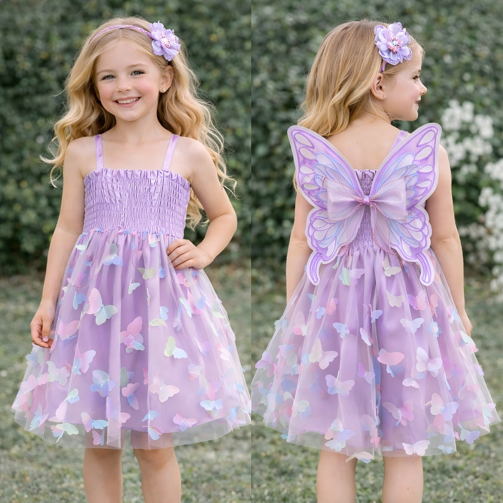 Girls Butterfly Wing Tulle Dress Smocked Spaghetti Strap Party Dress