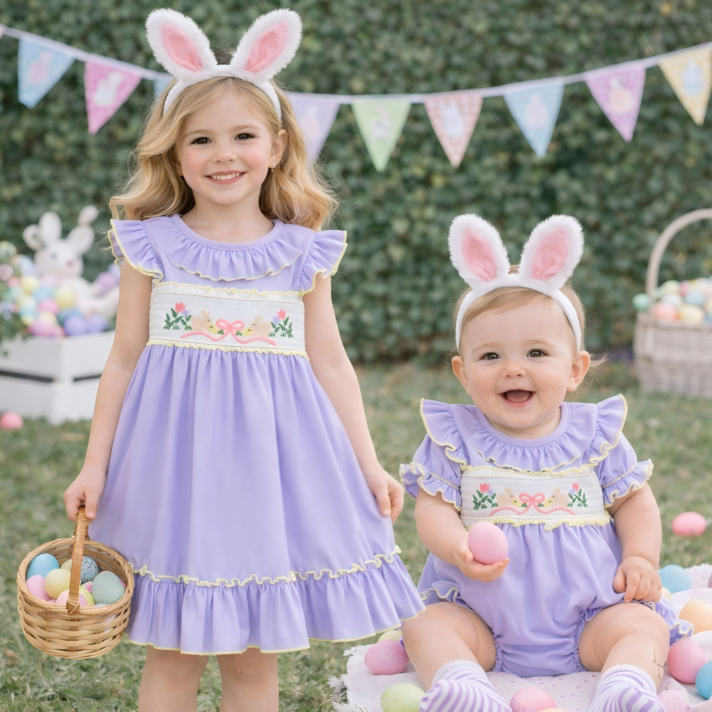 Sweet Easter Bunnies Smocked Embroidered Dress Set | Spring Kids Collection