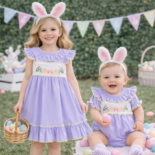 Sweet Easter Bunnies Smocked Embroidered Dress Set | Spring Kids Collection
