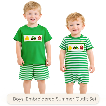 Boys Brother Summer Farm Embroidery Green Stripes Outfits