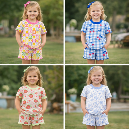 Summer Flower Fruit Printed Scallop Embroidered Trim Short Set