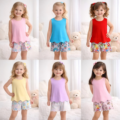 Summer Colorful Character Fashion Soft Scallop Trim Short Set