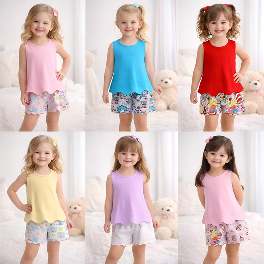 Summer Colorful Character Fashion Soft Scallop Trim Short Set