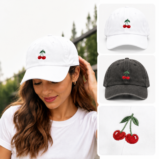 Vintage Washed Cherry Embroidered Baseball Cap For Adult & Big Kids