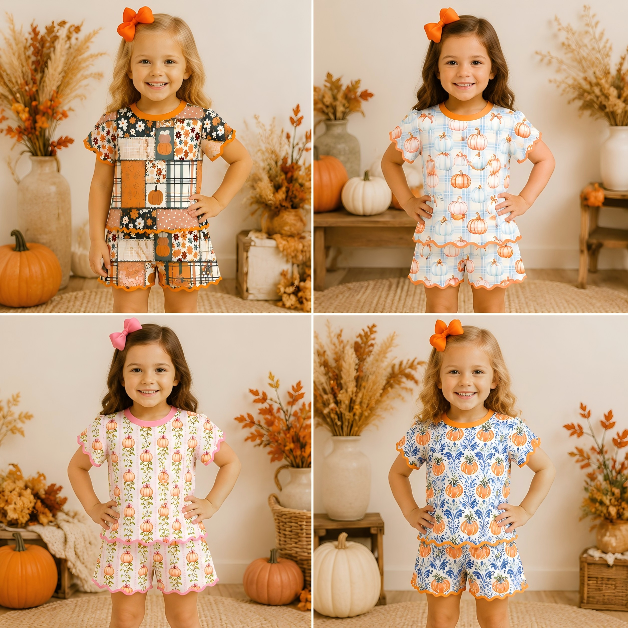 Girls Halloween Pumpkin Scalloped Trim Short Set | Boutique Fall Outfit