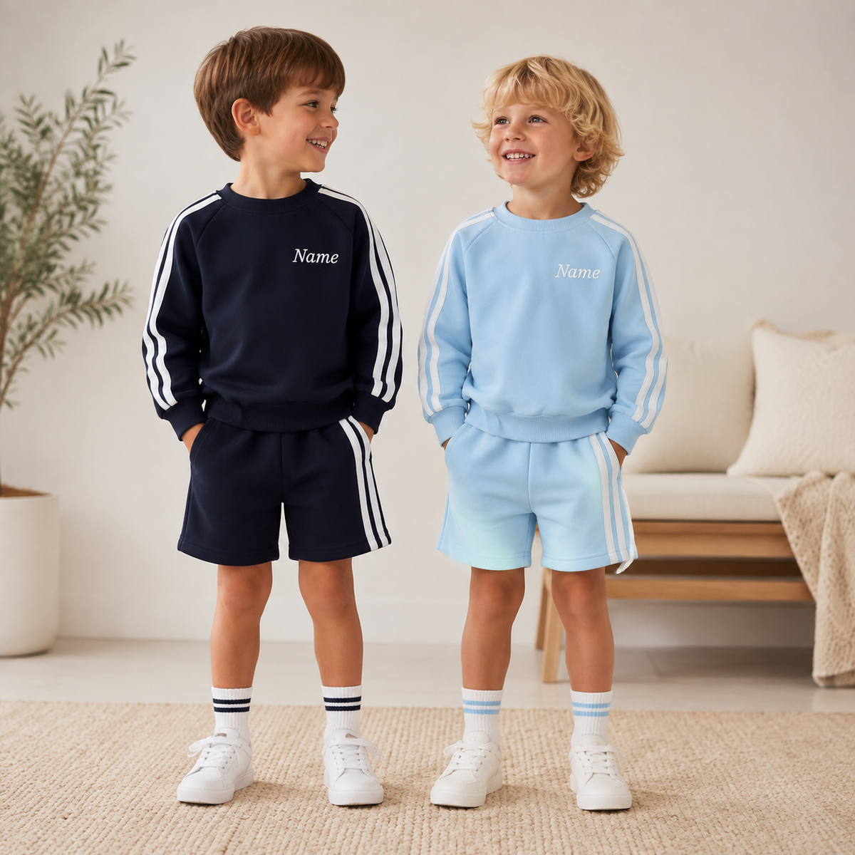 Personalized Boys Cotton 2-Piece Set | Long Sleeve Top & Shorts Outfit | Custom Name Embroidery Optional