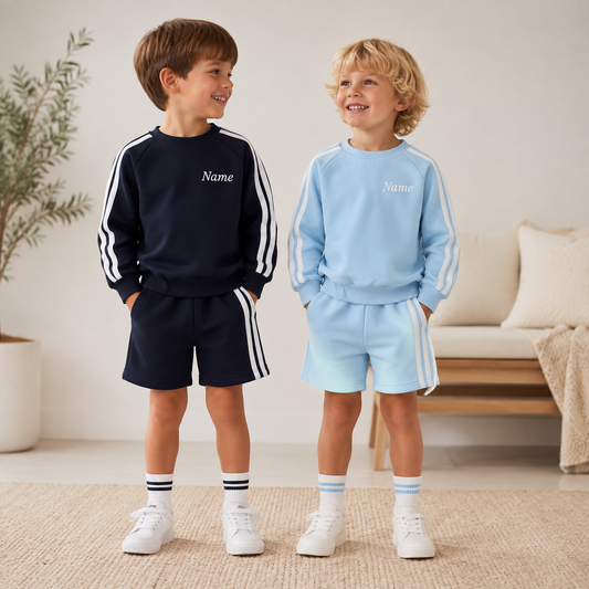 Personalized Boys Cotton 2-Piece Set | Long Sleeve Top & Shorts Outfit | Custom Name Embroidery Optional