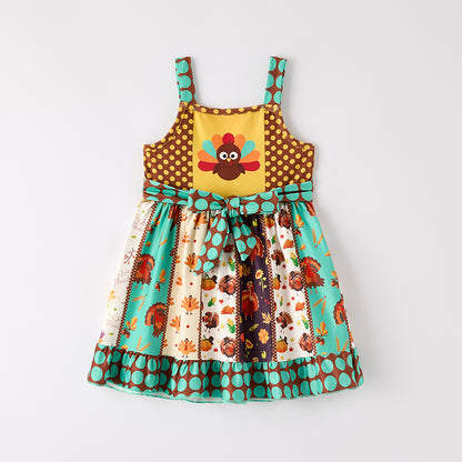 Girls Thanksgiving Turkey Print Slip Belt Dress