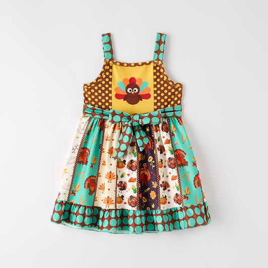 Girls Thanksgiving Turkey Print Slip Belt Dress