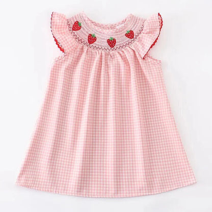 Girls Summer Strawberry Smocking Embroidered Dress