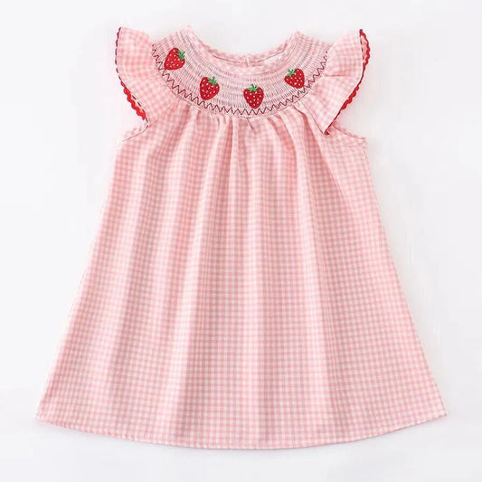 Girls Summer Strawberry Smocking Embroidered Dress