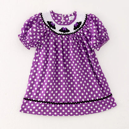 Girls Halloween Purple Dots Bat Embroidery Smocked Dress