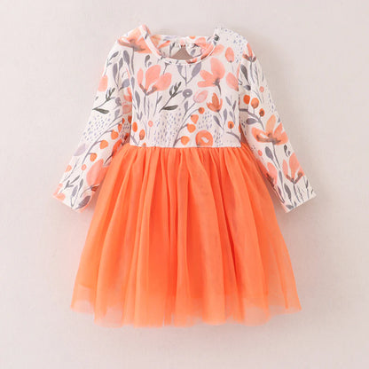 Fall Leaves Print Orange Tulle Dress For Girls