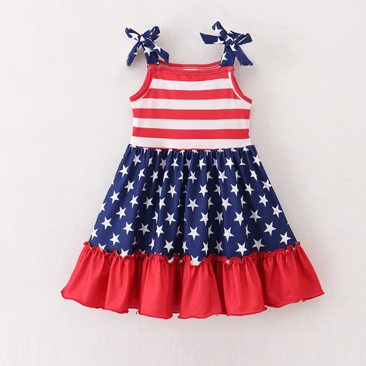 Girls Patriotic July 4th Red Navy Star Slip Dress