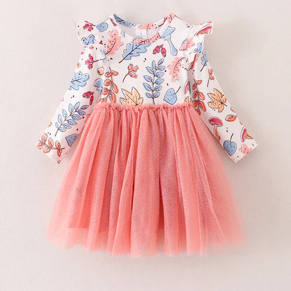 Fall Leaves Print Pink Tulle Long Sleeves Dress