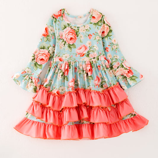 Girls Fall Autumn Blue Floral Coral Ruffled Long Sleeves Dress